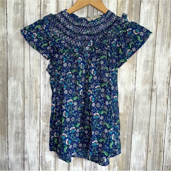 Loft Blue Floral Smocked Shirred Blouse - Picture 4 of 9